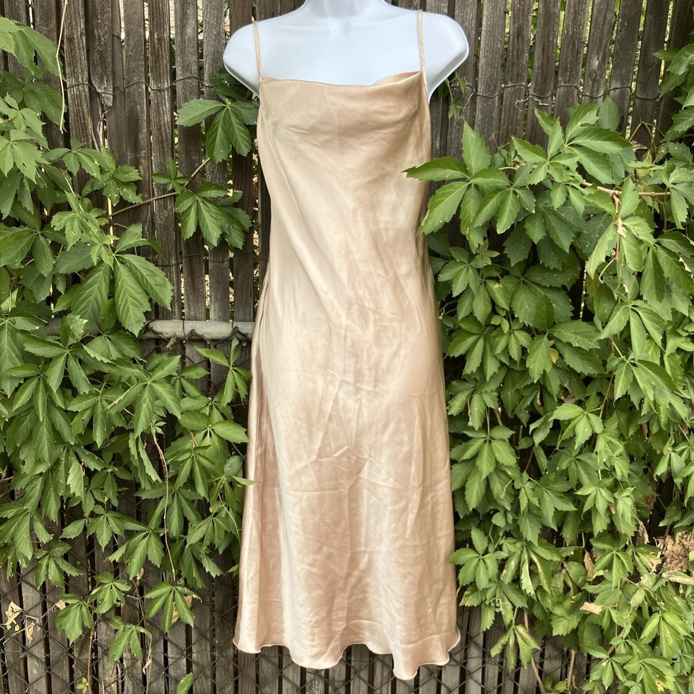 BEBE Y2K Slip Dress Gold Cowl Neck Satin Night Out Homecoming Size M